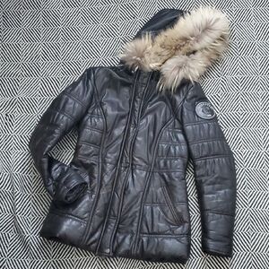 Women's Moka Lamb Leather Jacket with Fur Hood
